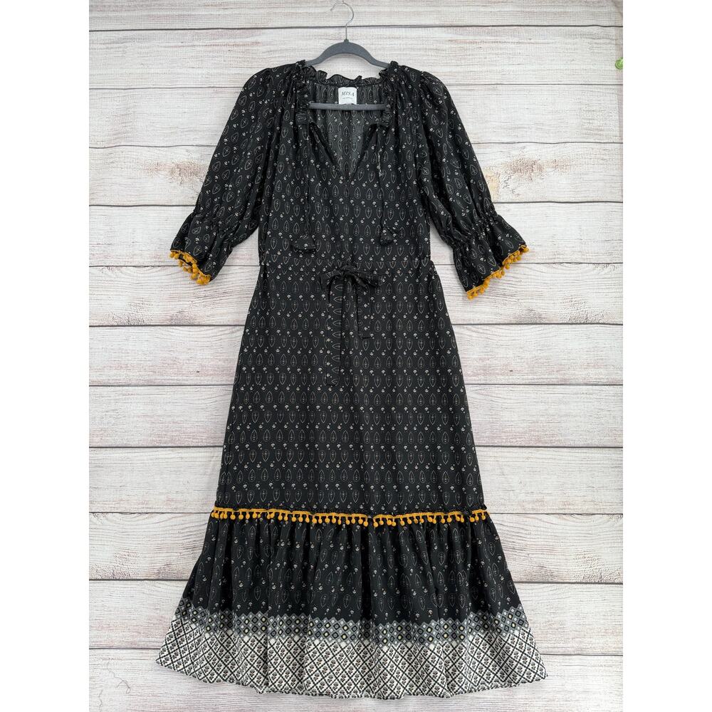 Misa Los Angeles Floral Maxi Dress Womens Small Black Yellow‎ White Fringed